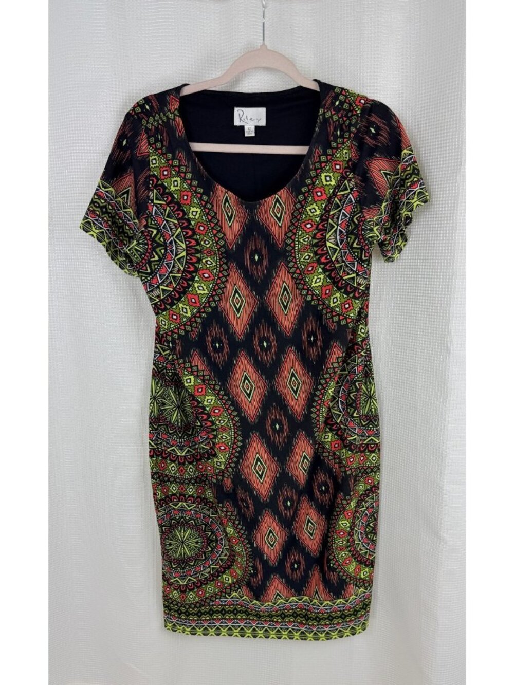 Riley Womens Sheath Dress 12 Multi Geometric Medallion Tribal Print Short Sleeve